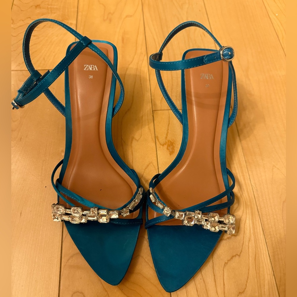 Zara Teal Strappy Heels with Embellishments